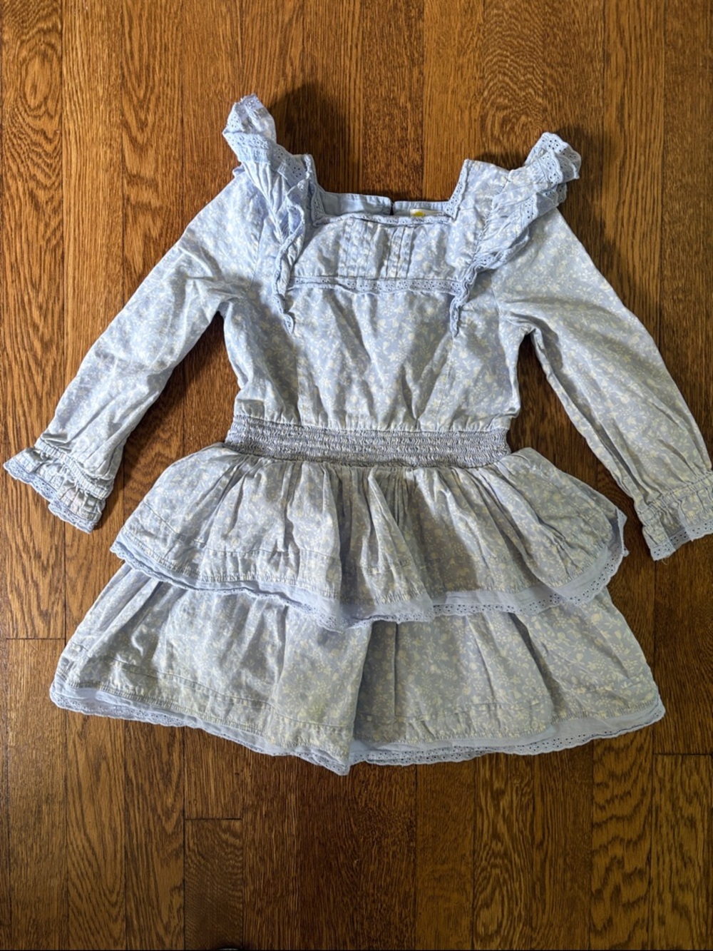 Mini Boden Light Blue floral girl’s long sleeve dress with tiered ruffles